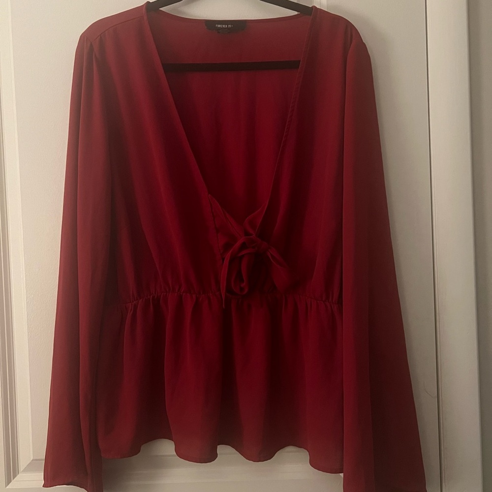 Plus Size Forever 21 Deep Red Tie-Front Blouse